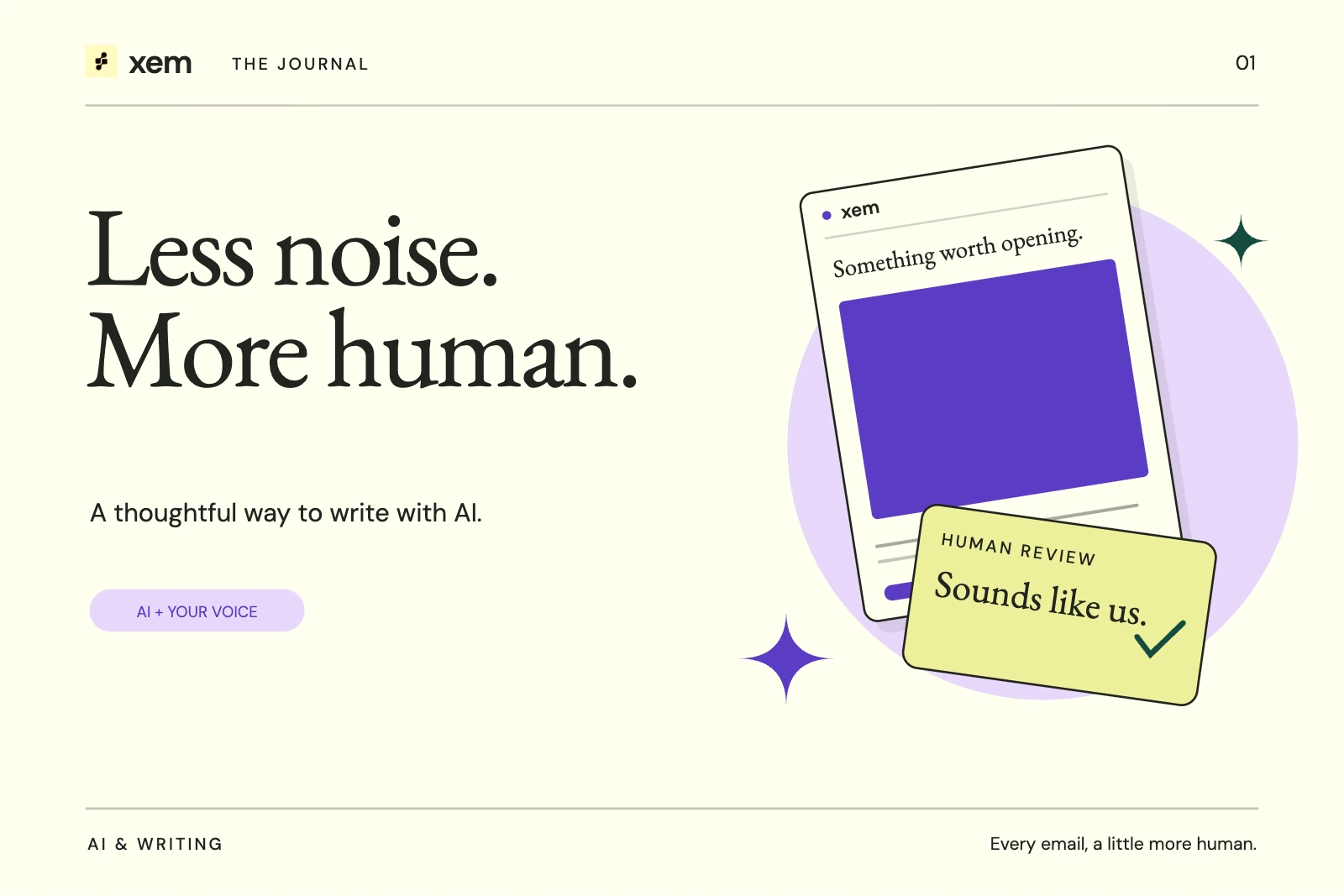 Cream Xem cover with a purple email draft, a human review card, and the words Less noise. More human.