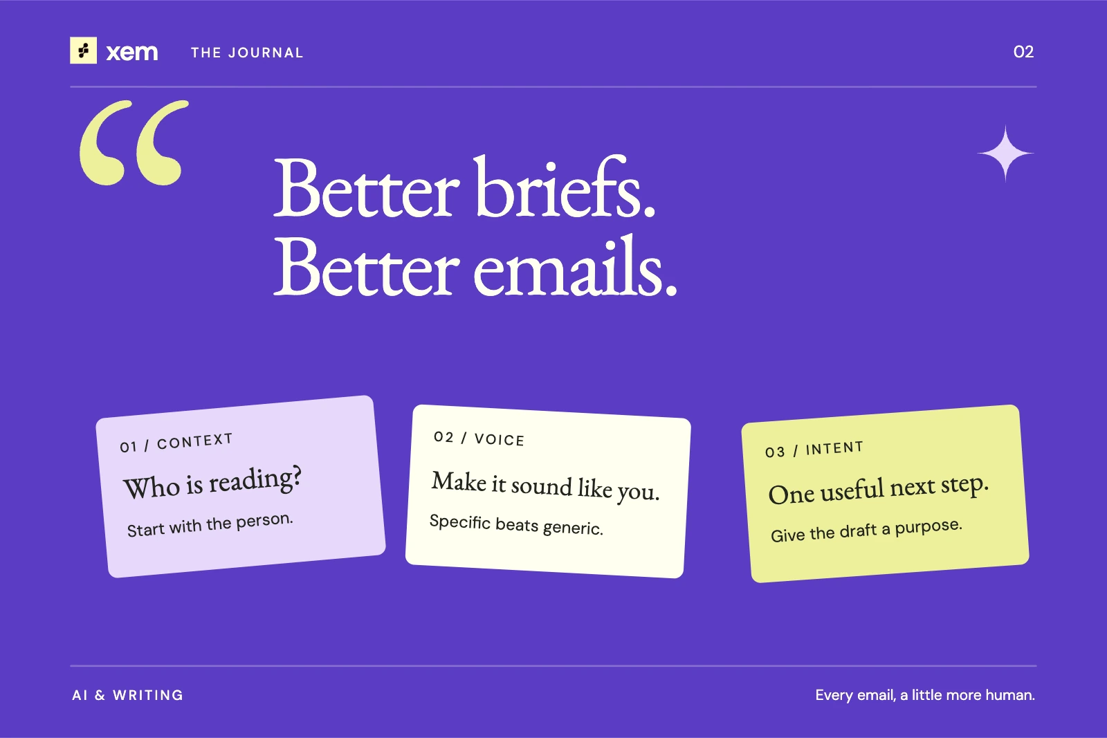 Iris purple cover with a large quotation mark and cream prompt cards labeled context, voice, and intent.
