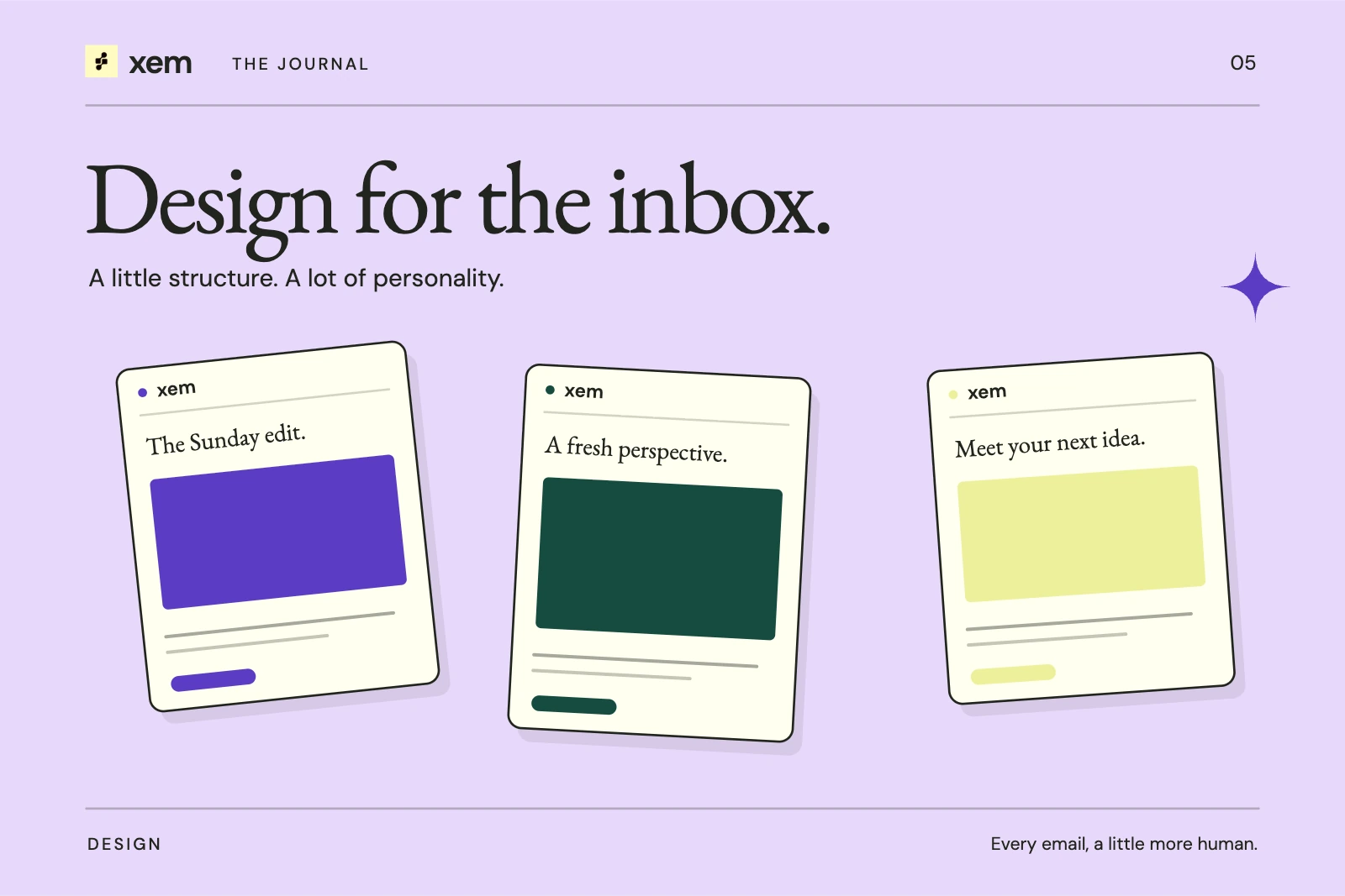 Lavender editorial cover displaying three different email layouts with iris, green, and lemon blocks under Design for the inbox.
