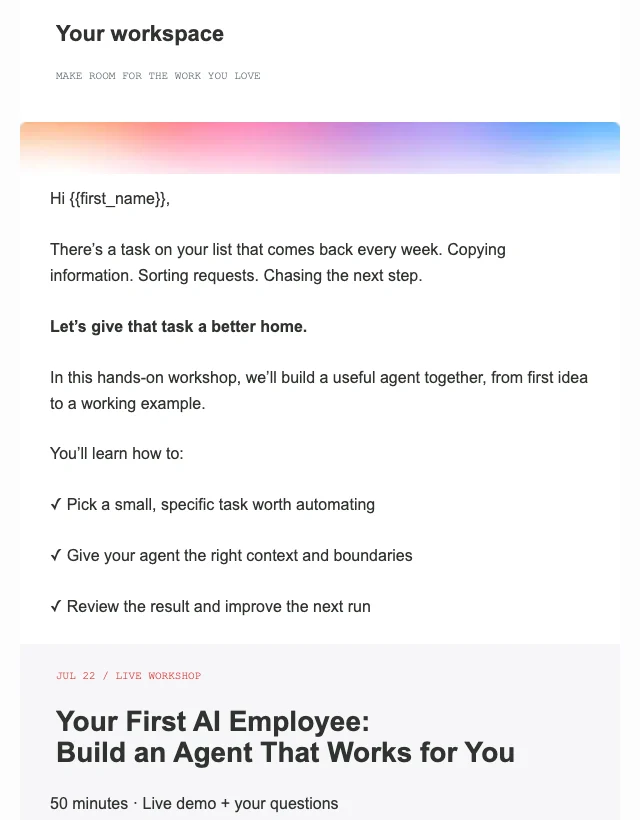 Build Your First Agent email layout